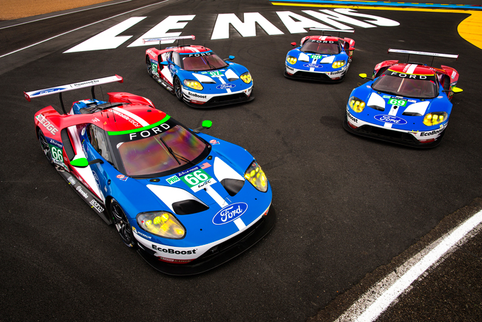 The four Ford GTs at Le-Mans header